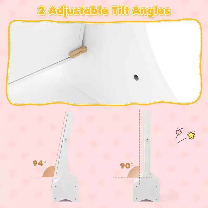 Costway Set da toeletta per bambini Tavolo e sedia da trucco per principesse con armadietto portagioie Bianco/Rosa