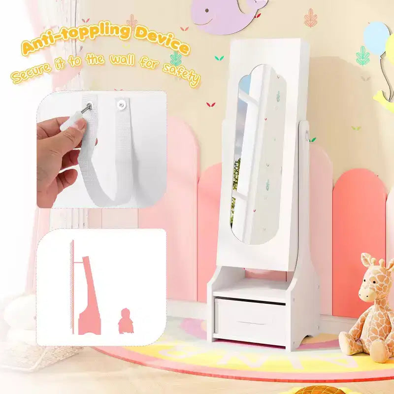 Costway Set da toeletta per bambini Tavolo e sedia da trucco per principesse con armadietto portagioie Bianco/Rosa