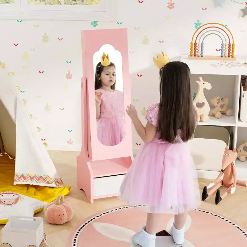 Costway Set da toeletta per bambini Tavolo e sedia da trucco per principesse con armadietto portagioie Bianco/Rosa