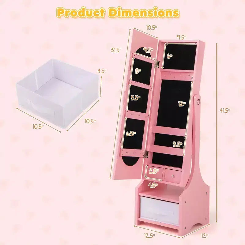 Costway Set da toeletta per bambini Tavolo e sedia da trucco per principesse con armadietto portagioie Bianco/Rosa