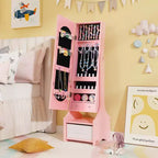 Costway Set da toeletta per bambini Tavolo e sedia da trucco per principesse con armadietto portagioie Bianco/Rosa