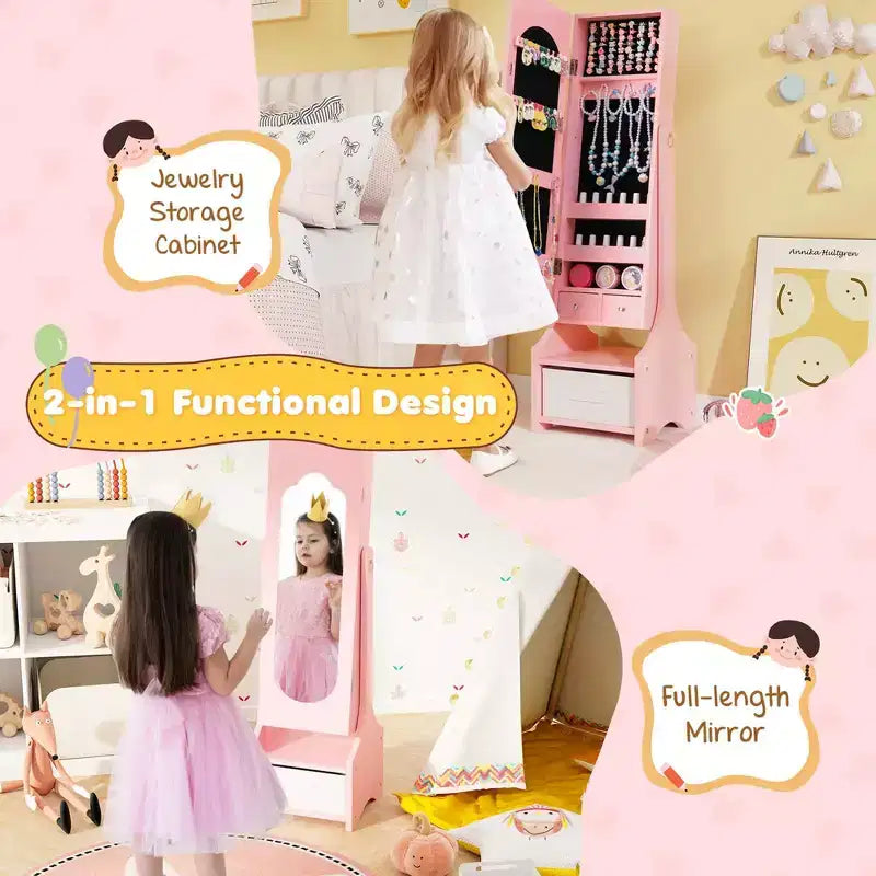Costway Set da toeletta per bambini Tavolo e sedia da trucco per principesse con armadietto portagioie Bianco/Rosa