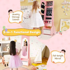 Costway Set da toeletta per bambini Tavolo e sedia da trucco per principesse con armadietto portagioie Bianco/Rosa