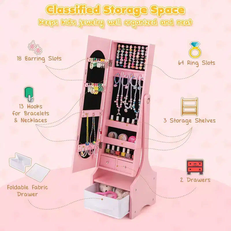 Costway Set da toeletta per bambini Tavolo e sedia da trucco per principesse con armadietto portagioie Bianco/Rosa