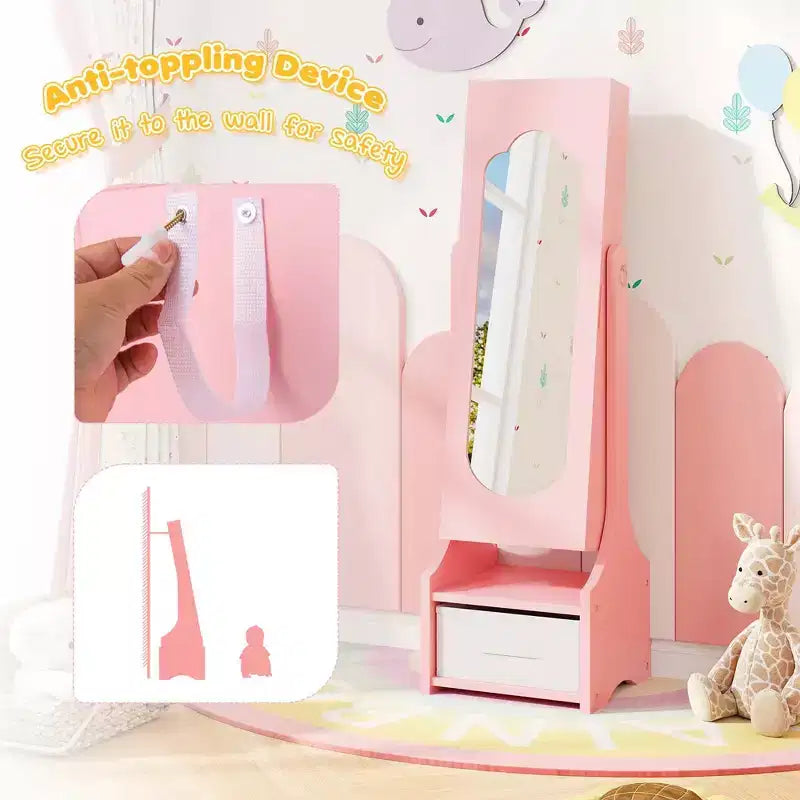 Costway Set da toeletta per bambini Tavolo e sedia da trucco per principesse con armadietto portagioie Bianco/Rosa
