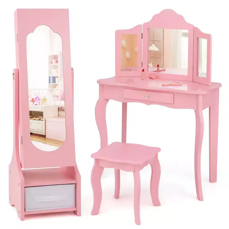 Costway Kids Vanity Set Princess Makeup Dressing Table & Chair Set with Jewelry Armoire White/Pink