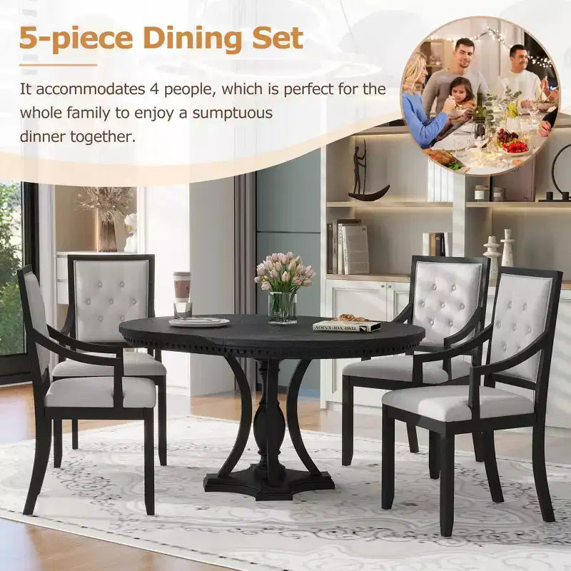 Set da pranzo allungabile rotondo Whisen Farmhouse da 5 pezzi con 4 poltrone imbottite