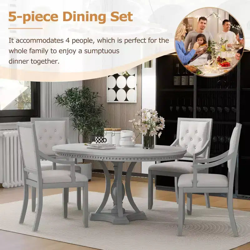 Set da pranzo allungabile rotondo Whisen Farmhouse da 5 pezzi con 4 poltrone imbottite