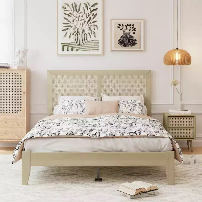 Christopher Knight Home Eudoca Letto a piattaforma in legno di gomma con testiera intrecciata in rattan, naturale