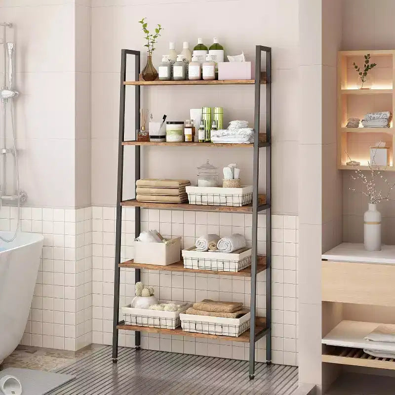 5 Tier Bookshelf, Narrow Home Office Book Shelf Display Rack, Rustic Brown Storage Organizer