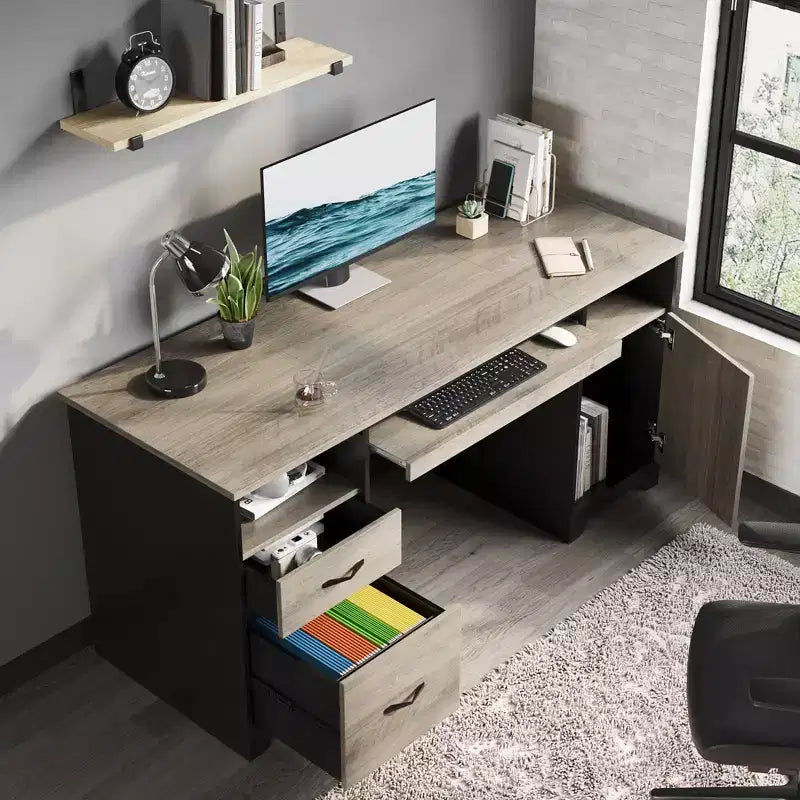 Scrivania per computer Bestier 59 con cassetti, scrivania direzionale con armadietto contenitore, vassoio per tastiera per ufficio domestico