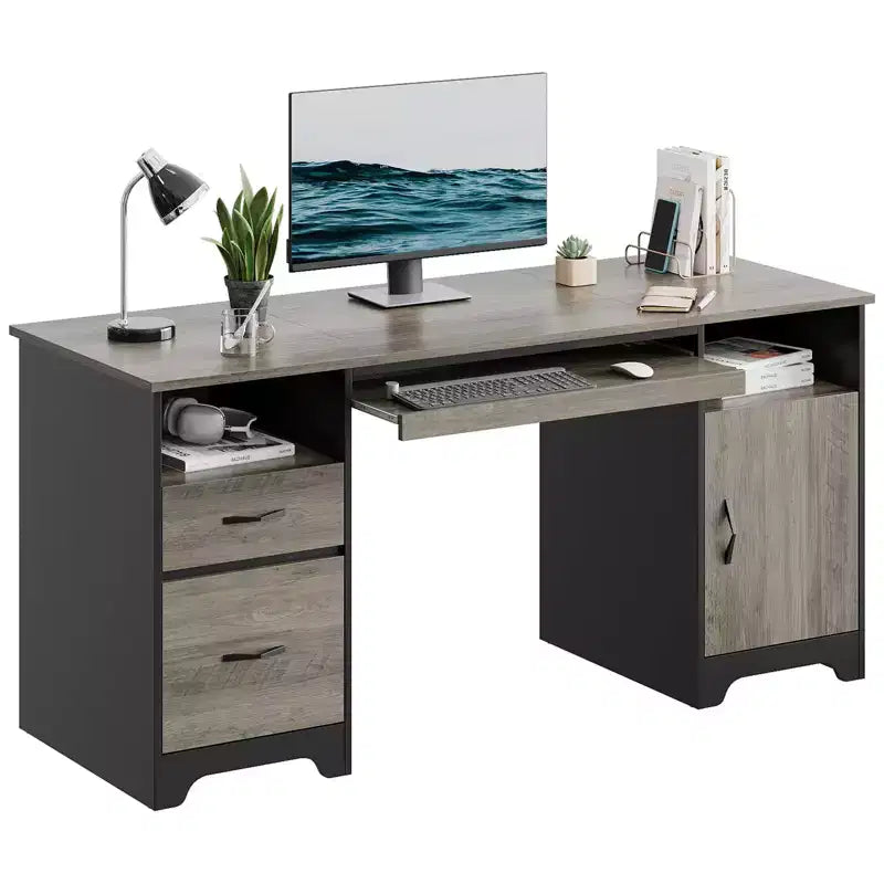 Scrivania per computer Bestier 59 con cassetti, scrivania direzionale con armadietto contenitore, vassoio per tastiera per ufficio domestico