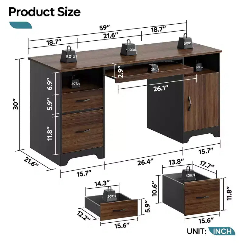 Scrivania per computer Bestier 59 con cassetti, scrivania direzionale con armadietto contenitore, vassoio per tastiera per ufficio domestico