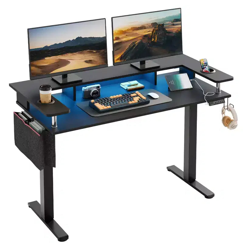 Scrivania in Piedi Bestier da 58 pollici con Supporto Monitor, Scrivania Computer a LED Regolabile in Altezza con Spazio di Archiviazione e Gancio, Scrivania per Lavoro in Piedi per Ufficio Domestico e Scrittura