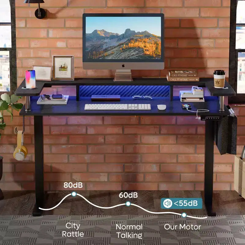 Scrivania in Piedi Bestier da 58 pollici con Supporto Monitor, Scrivania Computer a LED Regolabile in Altezza con Spazio di Archiviazione e Gancio, Scrivania per Lavoro in Piedi per Ufficio Domestico e Scrittura