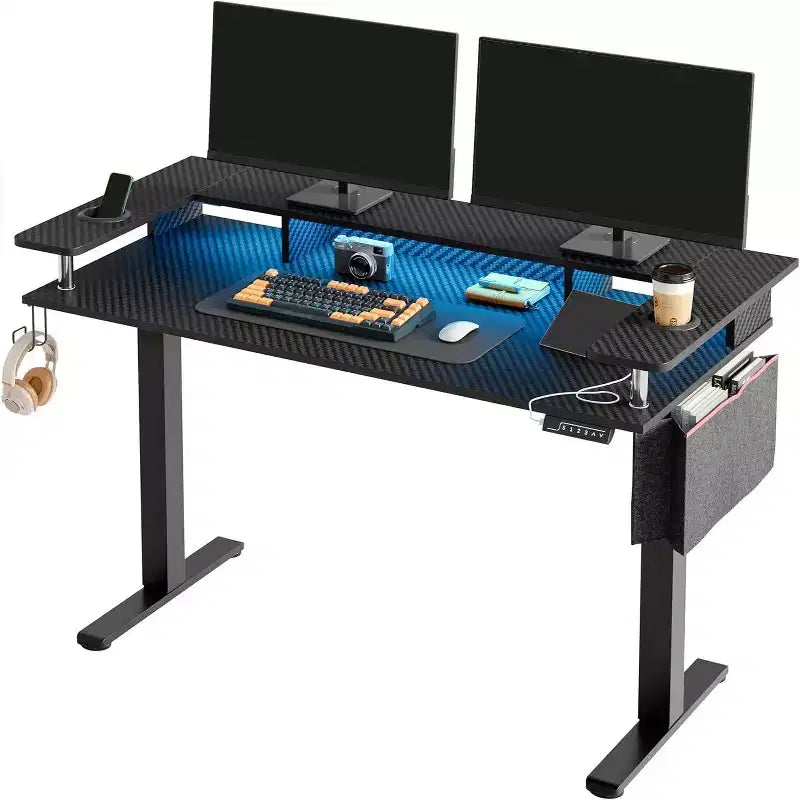 Scrivania in Piedi Bestier da 58 pollici con Supporto Monitor, Scrivania Computer a LED Regolabile in Altezza con Spazio di Archiviazione e Gancio, Scrivania per Lavoro in Piedi per Ufficio Domestico e Scrittura