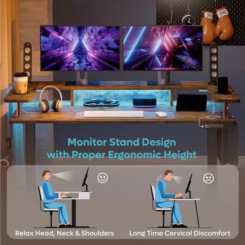 Scrivania in Piedi Bestier da 58 pollici con Supporto Monitor, Scrivania Computer a LED Regolabile in Altezza con Spazio di Archiviazione e Gancio, Scrivania per Lavoro in Piedi per Ufficio Domestico e Scrittura