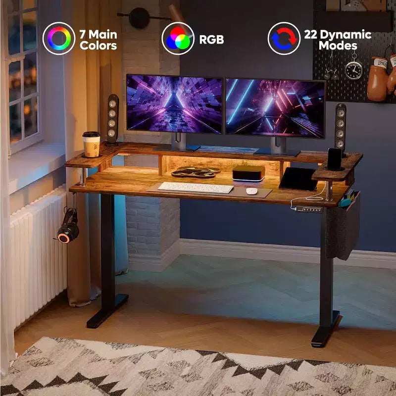 Scrivania in Piedi Bestier da 58 pollici con Supporto Monitor, Scrivania Computer a LED Regolabile in Altezza con Spazio di Archiviazione e Gancio, Scrivania per Lavoro in Piedi per Ufficio Domestico e Scrittura