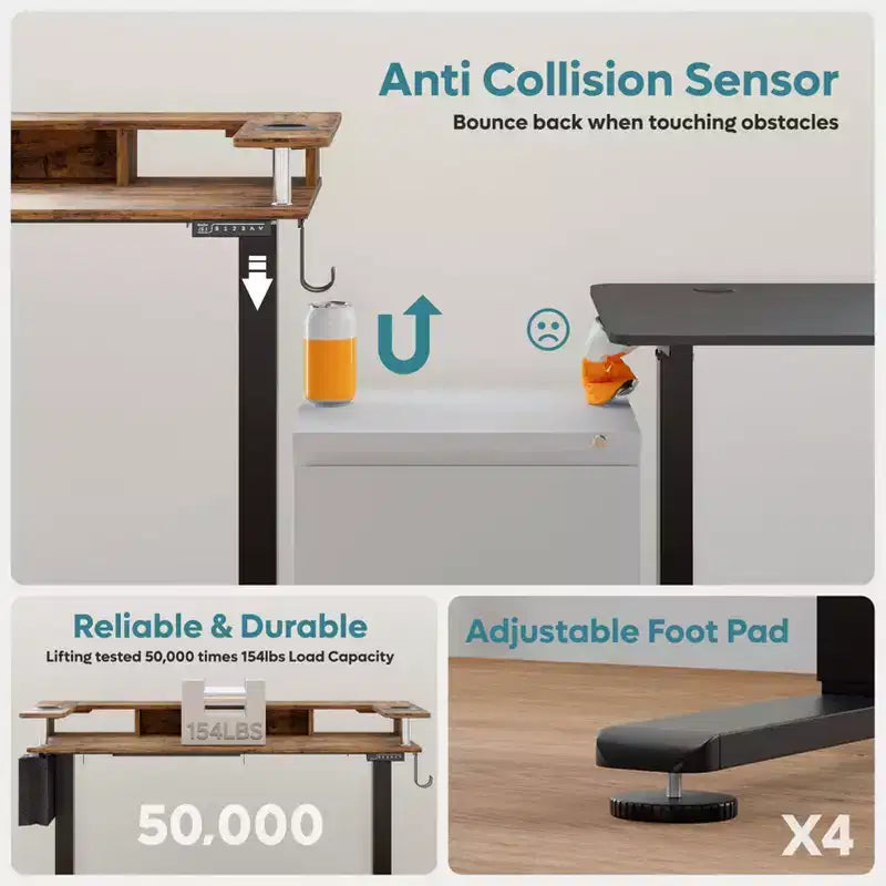 Scrivania in Piedi Bestier da 58 pollici con Supporto Monitor, Scrivania Computer a LED Regolabile in Altezza con Spazio di Archiviazione e Gancio, Scrivania per Lavoro in Piedi per Ufficio Domestico e Scrittura