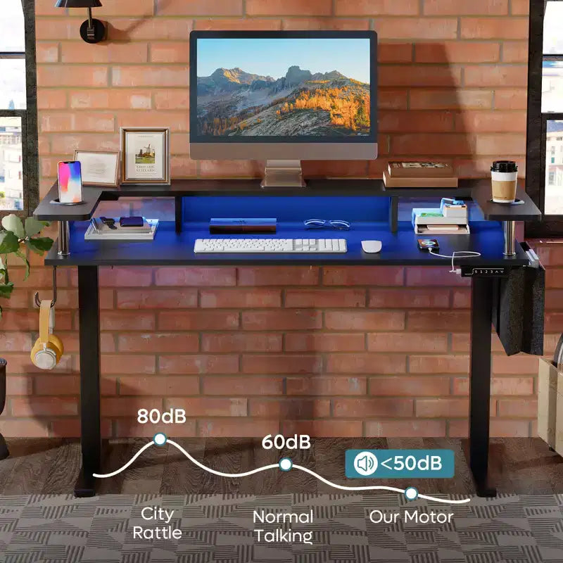 Scrivania in Piedi Bestier da 58 pollici con Supporto Monitor, Scrivania Computer a LED Regolabile in Altezza con Spazio di Archiviazione e Gancio, Scrivania per Lavoro in Piedi per Ufficio Domestico e Scrittura