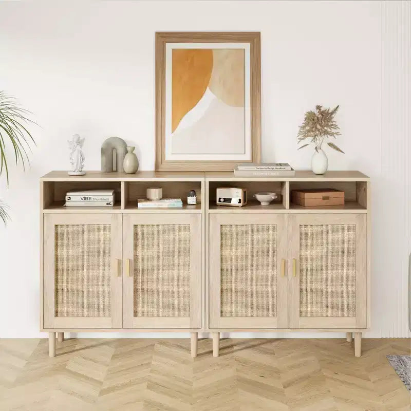 Pair of Rattan Sideboard Buffet Cabinets - 2-Door Storage with Shelf, Modern Multi-Room Furniture, 36''H