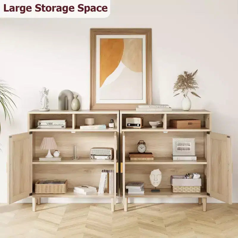 Coppia di Credenze/Mobile Buffet in Rattan - Mobile Contenitore a 2 Ante con Ripiano, Arredamento Moderno Multiuso, 91 cm H