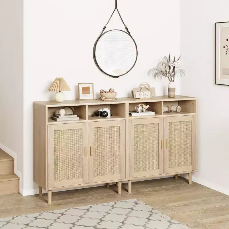Coppia di Credenze/Mobile Buffet in Rattan - Mobile Contenitore a 2 Ante con Ripiano, Arredamento Moderno Multiuso, 91 cm H