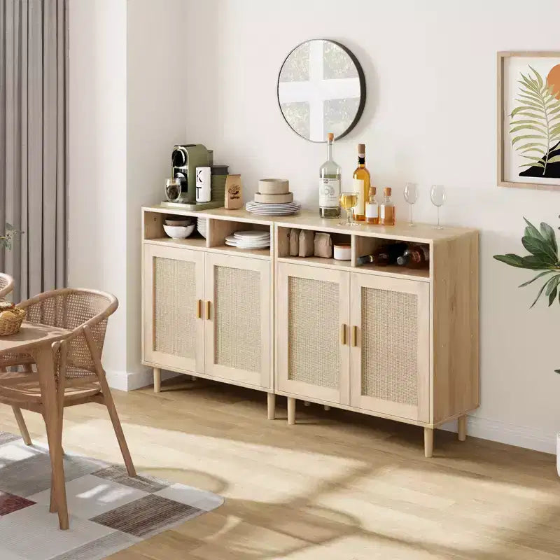Coppia di Credenze/Mobile Buffet in Rattan - Mobile Contenitore a 2 Ante con Ripiano, Arredamento Moderno Multiuso, 91 cm H