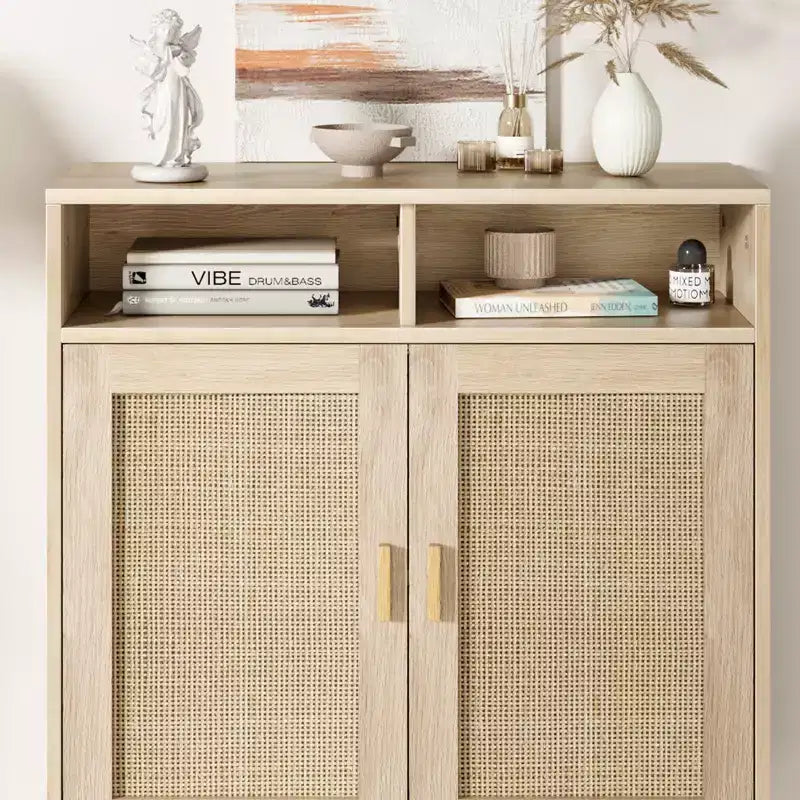 Coppia di Credenze/Mobile Buffet in Rattan - Mobile Contenitore a 2 Ante con Ripiano, Arredamento Moderno Multiuso, 91 cm H