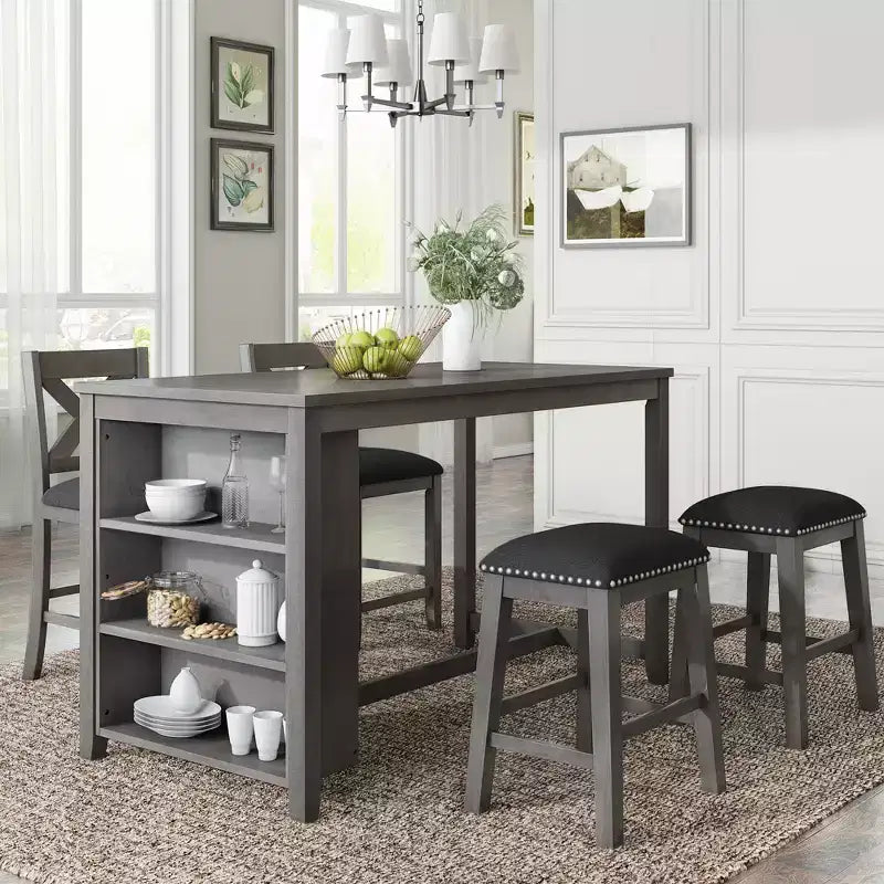 Set da pranzo Whisen Farmhouse a 5 pezzi, altezza bancone, con 2 sgabelli e 2 sedie