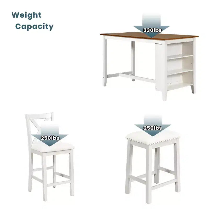 Set da pranzo Whisen Farmhouse a 5 pezzi, altezza bancone, con 2 sgabelli e 2 sedie