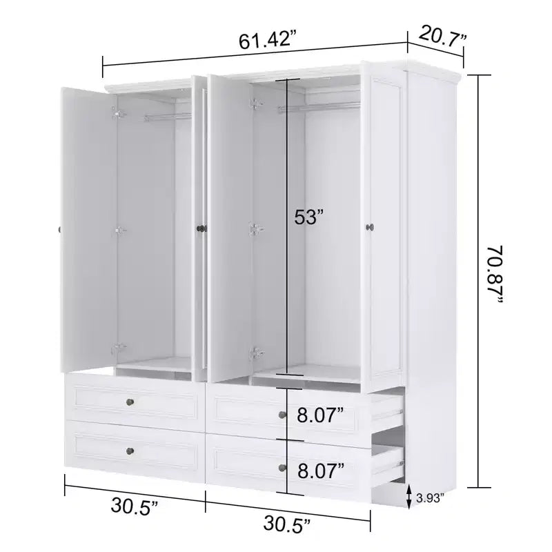Armadio Keloyid in legno bianco da 156 cm con 4 cassetti e 2 ripiani