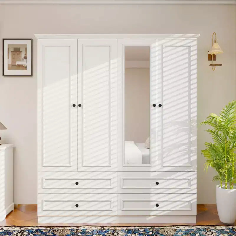 Armadio Keloyid in legno bianco da 156 cm con 4 cassetti e 2 ripiani