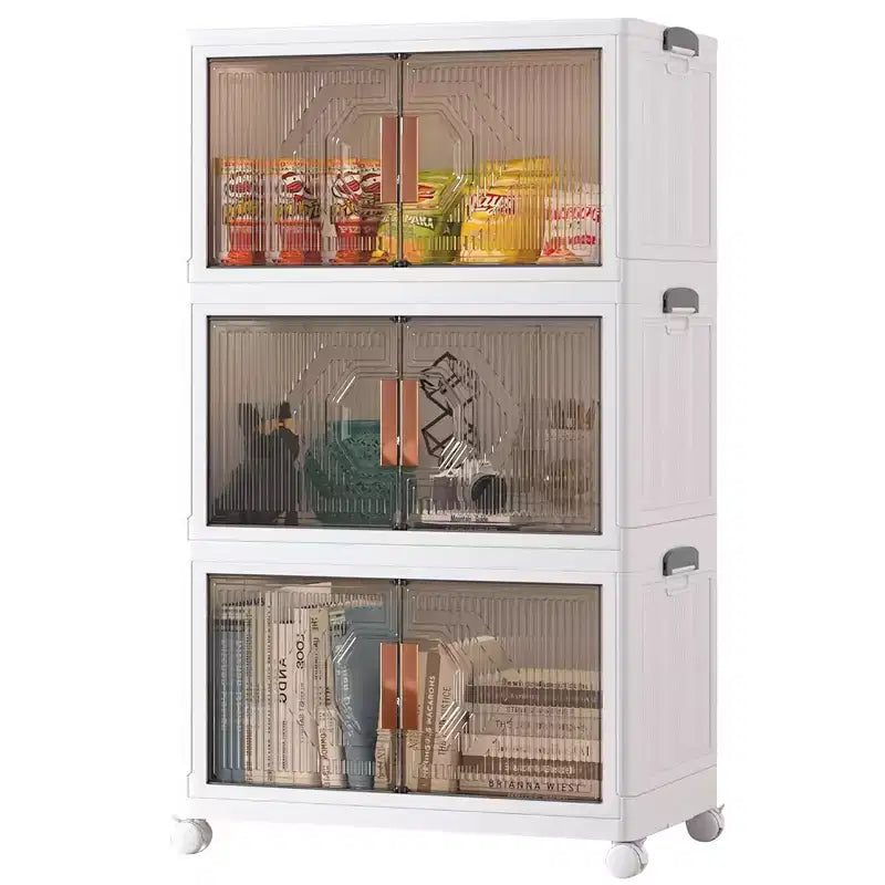 VECELO 3/4/5 Pack Stackable Storage Bins with Lid & Lockable Wheels, Foldable PP Storage Cabinet Home Organizer