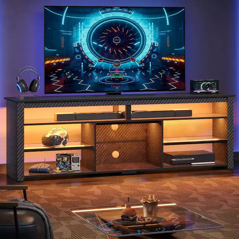 Bestier 70 Gaming Entertainment Center for TV up to 75, LED TV Stand for PS5, Tall TV Console with Shelves
