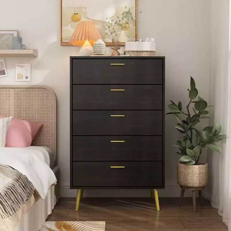 Hitow Modern Dresser with Metal Feet and Handles 5 Drawer Chest of Drawers