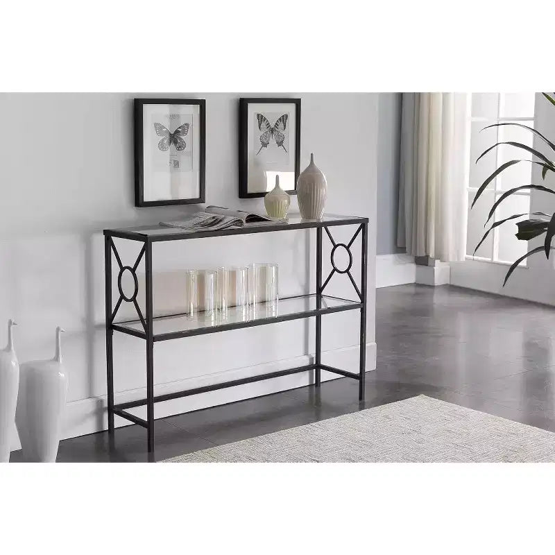 Kings Brand Loyd Texture Black Metal Entryway Console Sofa Table with Glass Shelf