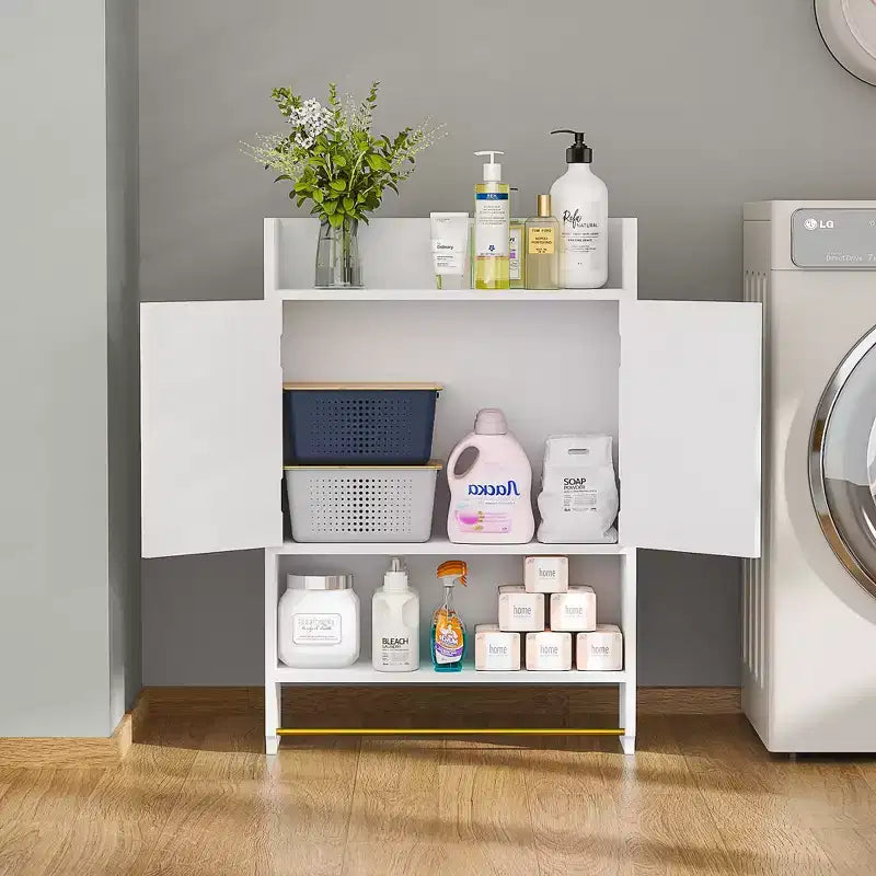 VECELO Mobiletto Contenitore da Bagno, Mobiletto a Terra Indipendente o Organizzatore da Parete con 2 Ante e 1 Ripiano Aperto, Bianco