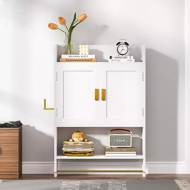 VECELO Mobiletto Contenitore da Bagno, Mobiletto a Terra Indipendente o Organizzatore da Parete con 2 Ante e 1 Ripiano Aperto, Bianco