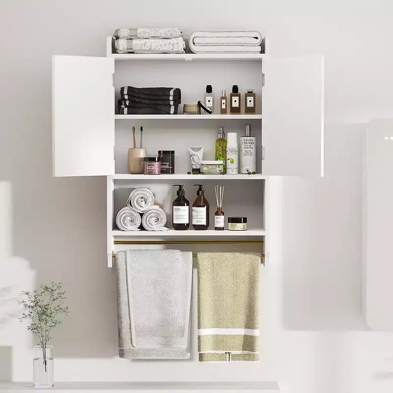 VECELO Mobiletto Contenitore da Bagno, Mobiletto a Terra Indipendente o Organizzatore da Parete con 2 Ante e 1 Ripiano Aperto, Bianco