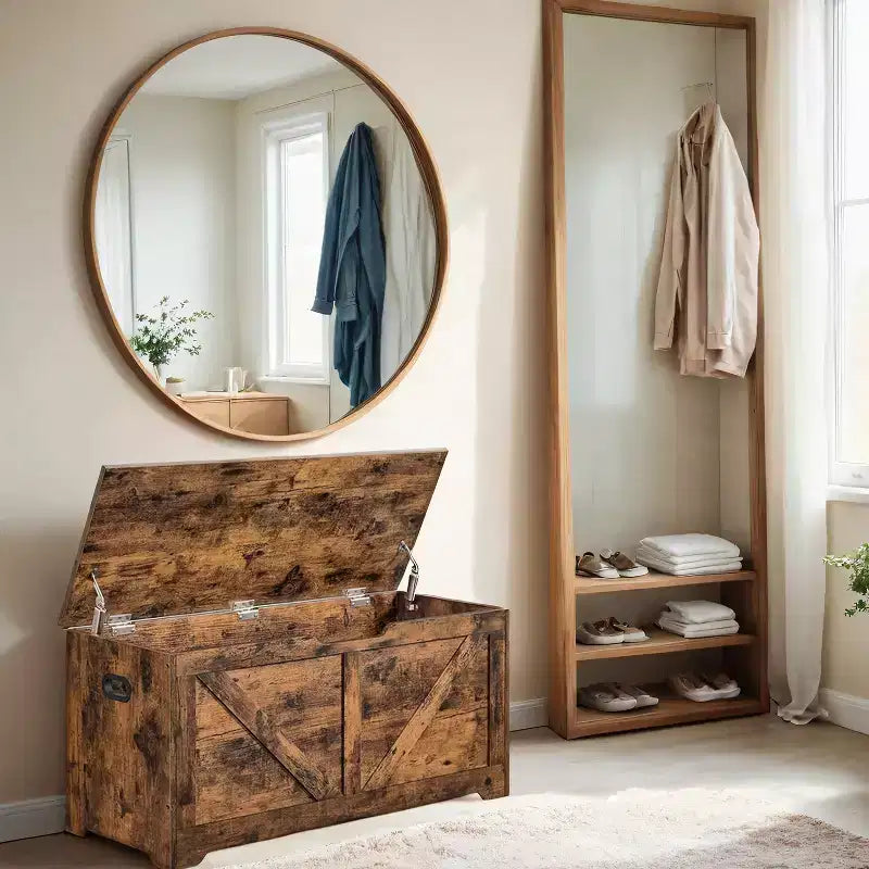 Farmhouse Style Storage Chest and Bench with Safety Hinges - Versatile Storage Solution for Entryway, Bedroom, and Living Room