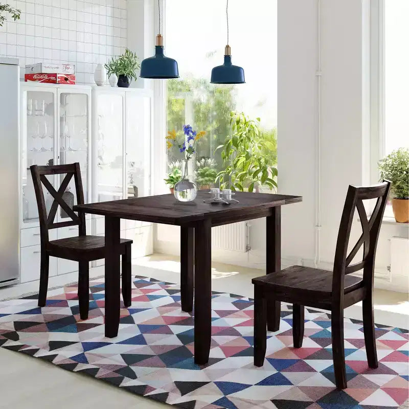 Set da pranzo ad angolo Whisen da 3 pezzi con tavolo in legno con alette a ribalta e 2 sedie con schienale a X