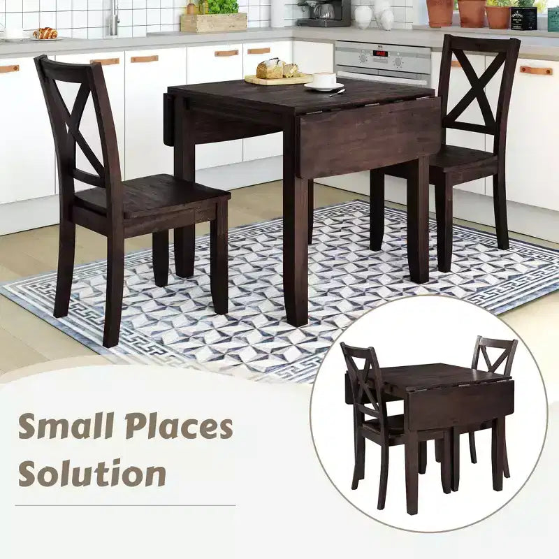 Set da pranzo ad angolo Whisen da 3 pezzi con tavolo in legno con alette a ribalta e 2 sedie con schienale a X