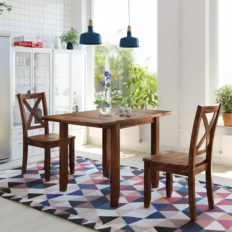 Set da pranzo ad angolo Whisen da 3 pezzi con tavolo in legno con alette a ribalta e 2 sedie con schienale a X
