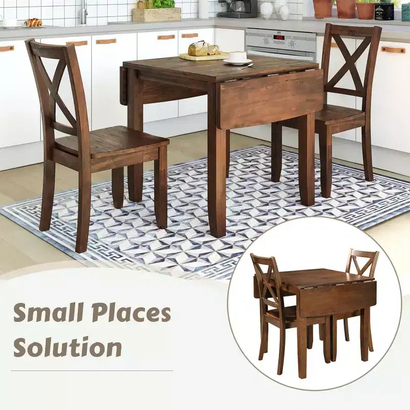 Set da pranzo ad angolo Whisen da 3 pezzi con tavolo in legno con alette a ribalta e 2 sedie con schienale a X