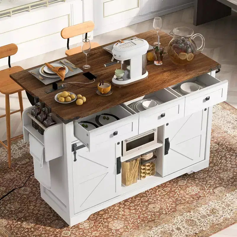 Carrello da Cucina in Legno Whisen Farmhouse con Anta a Ribalta, 2 Ante Scorrevoli Stile Fienile, Porta Asciugamani, Porta Spezie, 3 Cassetti
