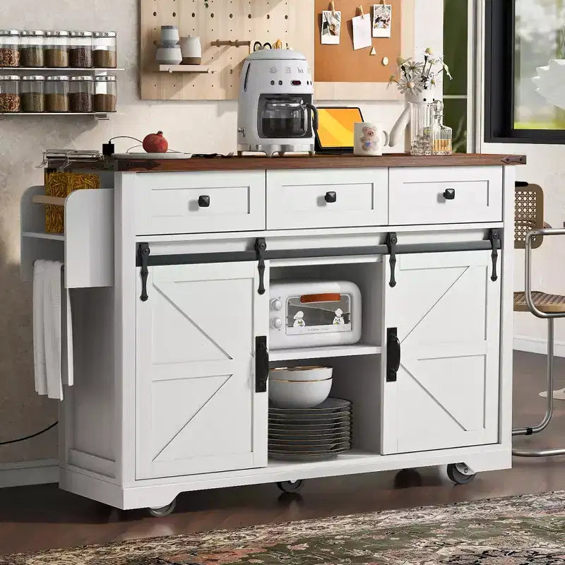 Carrello da Cucina in Legno Whisen Farmhouse con Anta a Ribalta, 2 Ante Scorrevoli Stile Fienile, Porta Asciugamani, Porta Spezie, 3 Cassetti