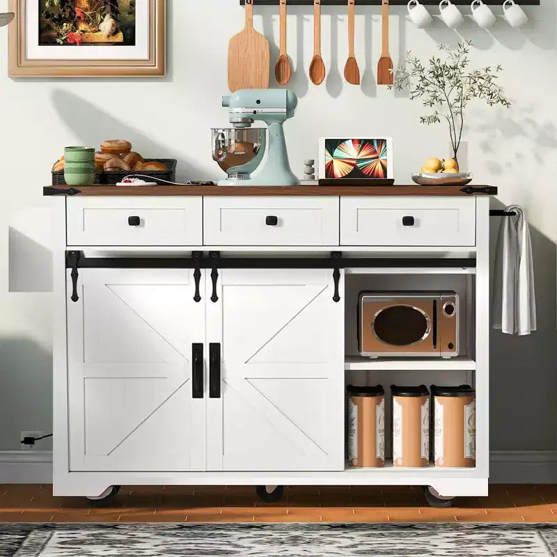 Carrello da Cucina in Legno Whisen Farmhouse con Anta a Ribalta, 2 Ante Scorrevoli Stile Fienile, Porta Asciugamani, Porta Spezie, 3 Cassetti