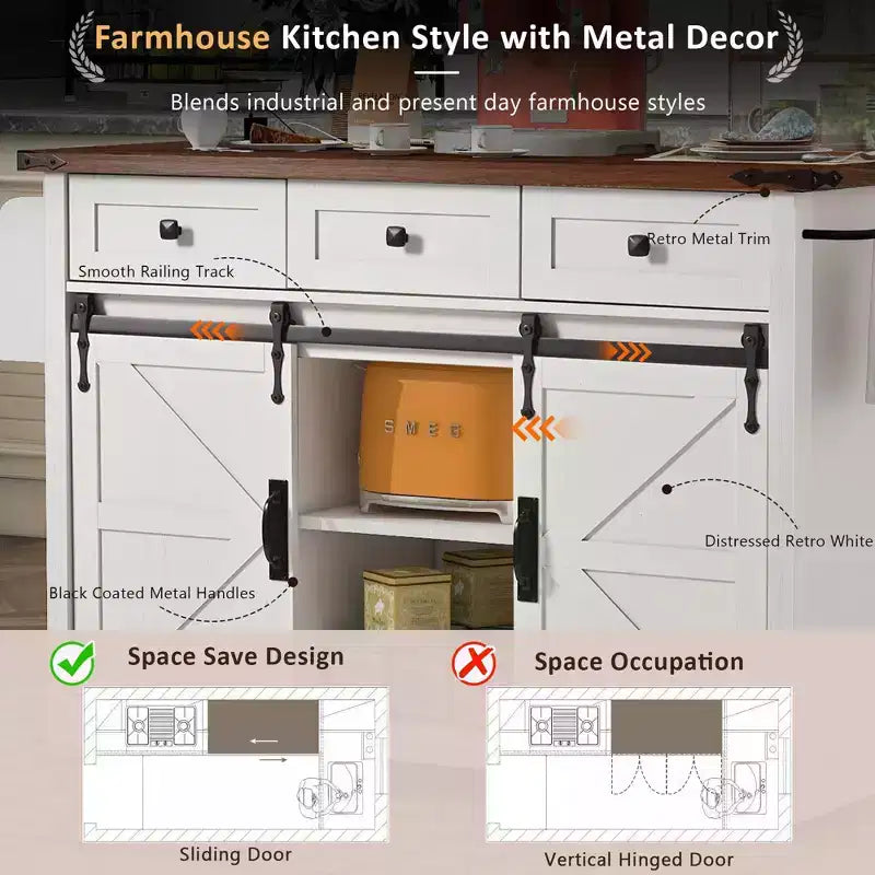 Carrello da Cucina in Legno Whisen Farmhouse con Anta a Ribalta, 2 Ante Scorrevoli Stile Fienile, Porta Asciugamani, Porta Spezie, 3 Cassetti
