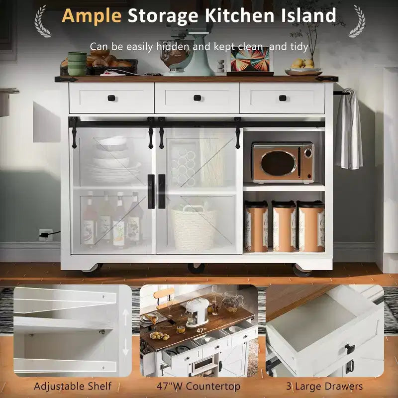 Carrello da Cucina in Legno Whisen Farmhouse con Anta a Ribalta, 2 Ante Scorrevoli Stile Fienile, Porta Asciugamani, Porta Spezie, 3 Cassetti